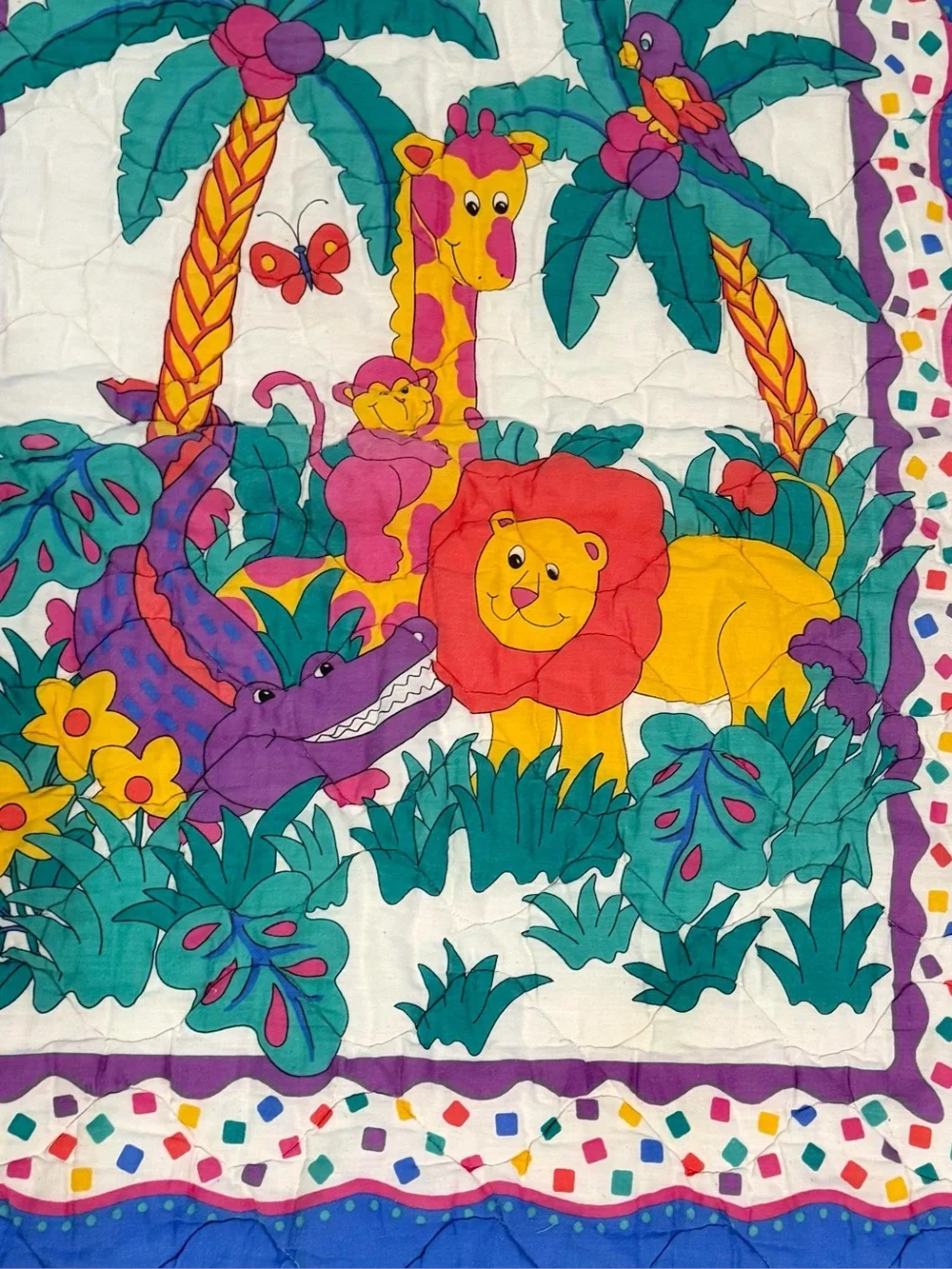 Vintage 90s Jungle Safari Animal Baby Quilt Crib Blanket 42”x32”